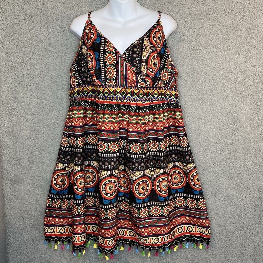 SHEIN Curve 1X Southwest Art to Wear Baby Doll Empire Waist Mini Dress Black